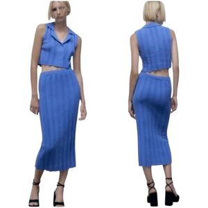 NWT Zara  Blue Knit  Ribbed Pencil Skirt And Top
